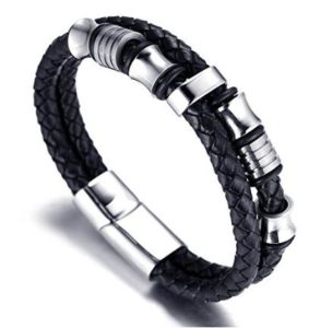 Halukakah "SOLO" Herren Echt-Leder Armband Schwarz mit Titan Perlen Silber 8.46"(21.5cm) Magnetisch mit Kostenlosem Geschenkbox