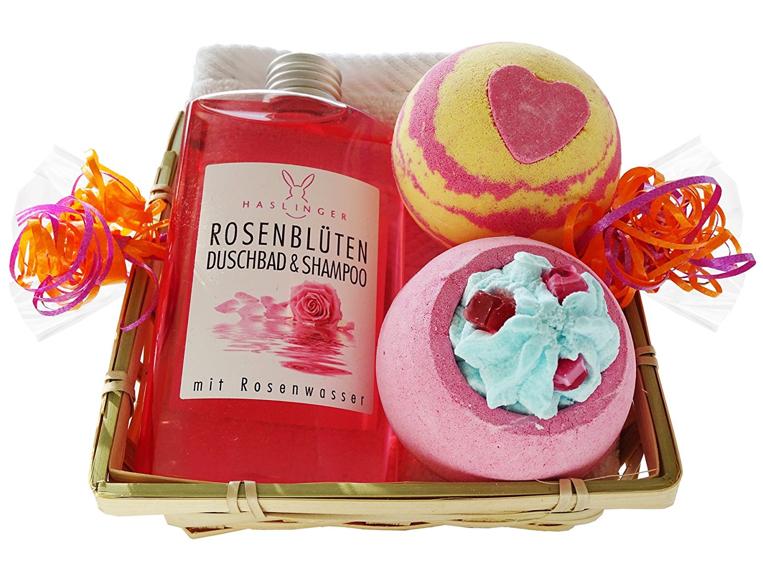 Wellness Geschenkset für die Dame 5 tlg. Rosenblüten Duschbad und Shampoo, 2 x Badebombe, Seiftuch weiß im Geschenkkorb